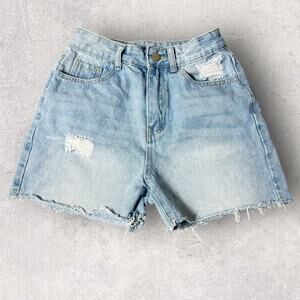 Shein Denim Light Wash Distressed Frayed‎ Raw Hem Shorts Petite Extra Small